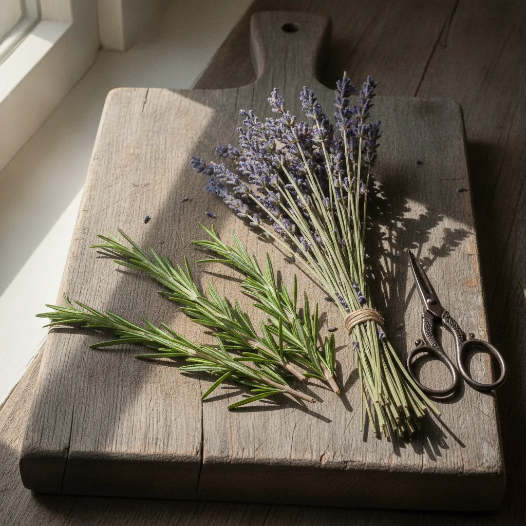 Fresh rosemary and lavender on a cutting board