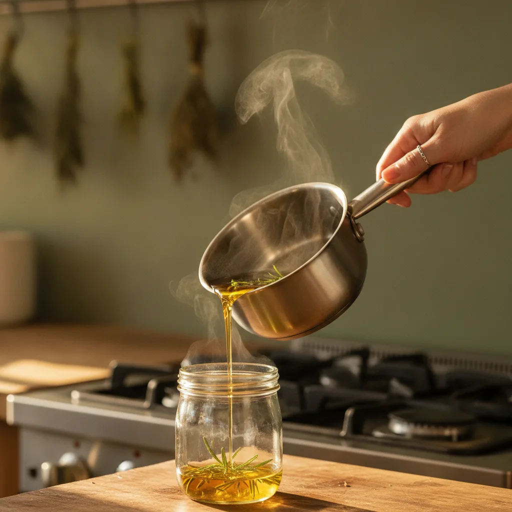 Pouring warm herbal oil for hair mask
